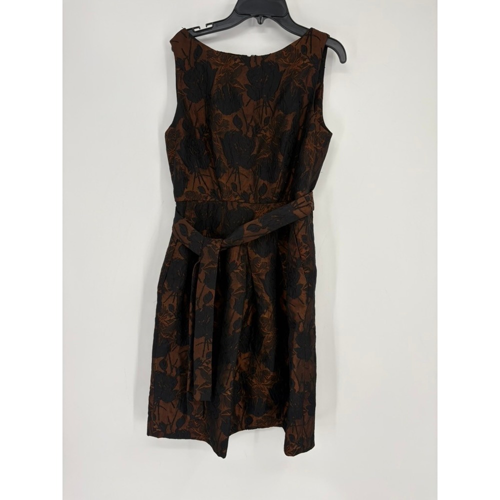 Talbots Dress Womens 6 Brown Floral Jacquard Sleeveless Belted Sheath Pockets